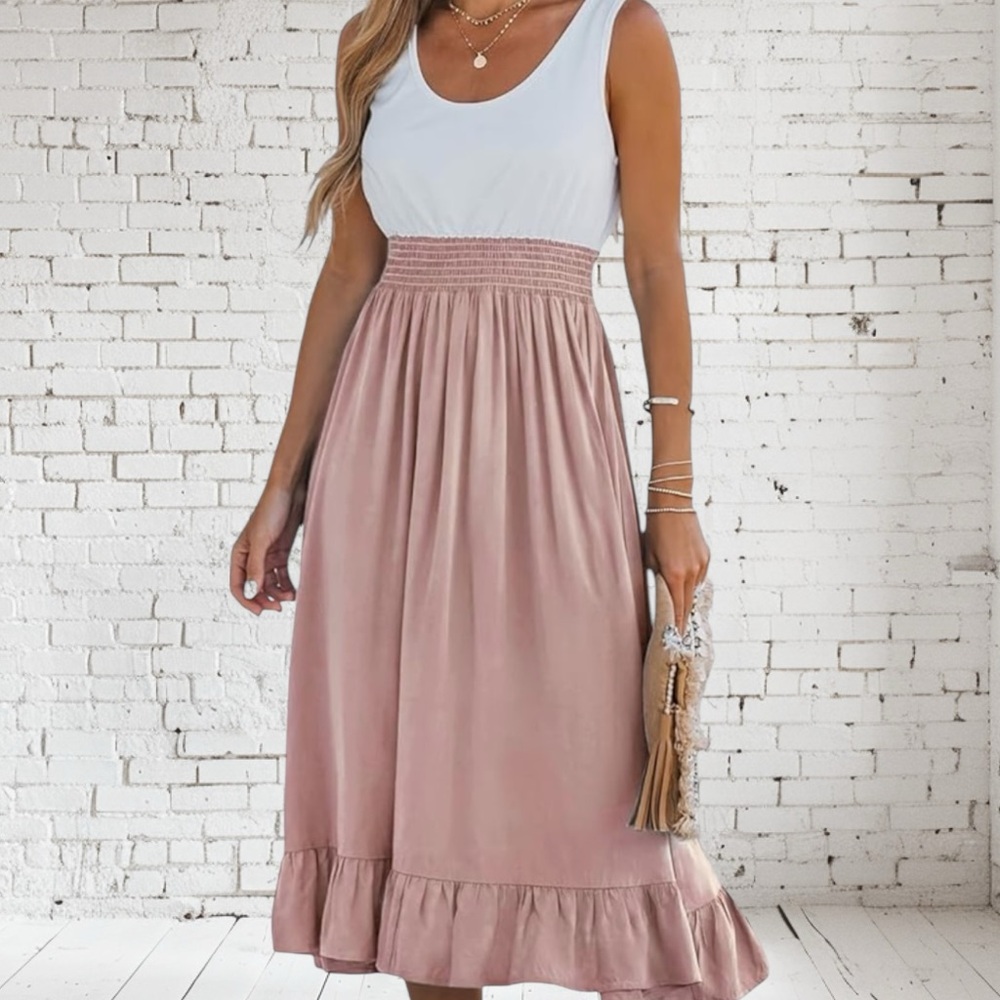 Cupshe Flounced Smocked Dress Sz L NWT | Ruffle Hem Stretch Bodice - Picture 7 of 9